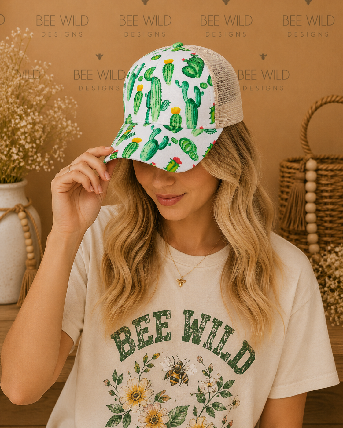 Cactus Criss-Cross Ponytail Trucker Hat
